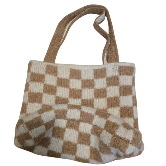 Free People Checkered Knit Tote Bag Cream Beige Lined W/ Scarf Matching Set - Picture 5 of 9